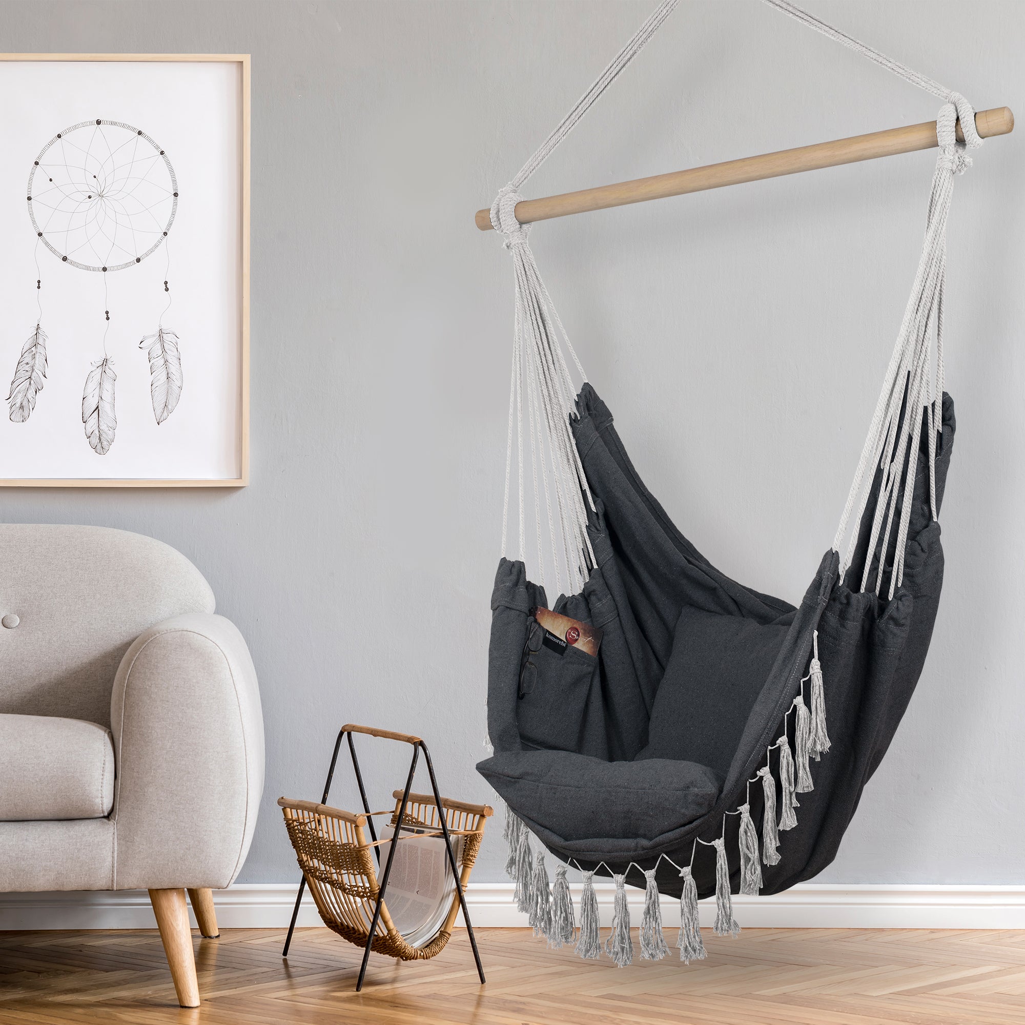 Hanging Hammock Chair Swing with Convenient Side Pocket Grey